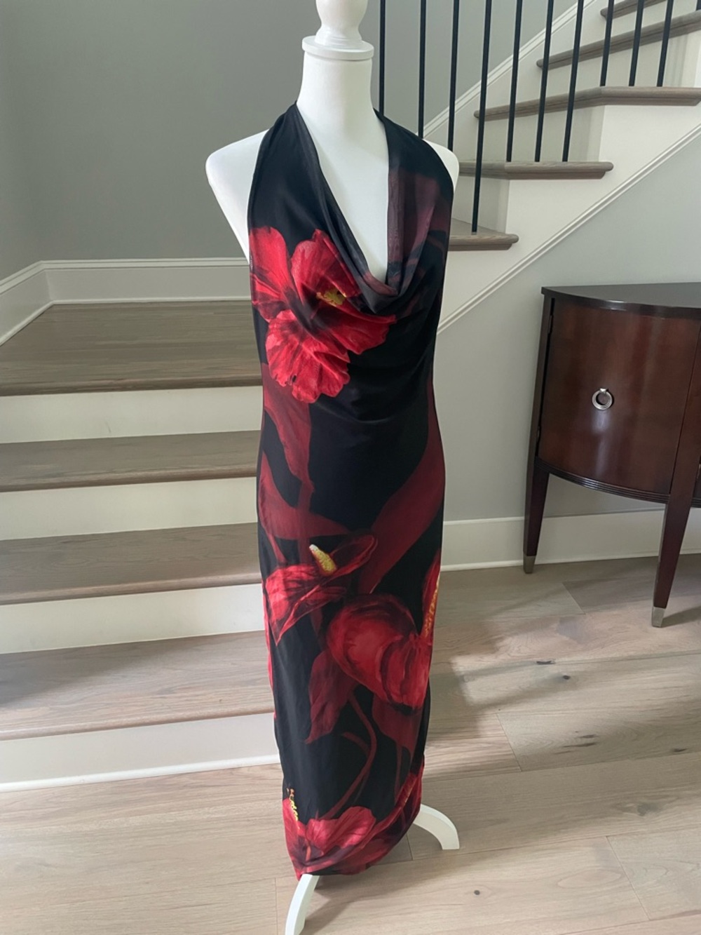Black & Red Floral Halter Maxi Dress